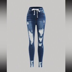 Distressed Blue Skinny Jeans with Drawstring Waist
